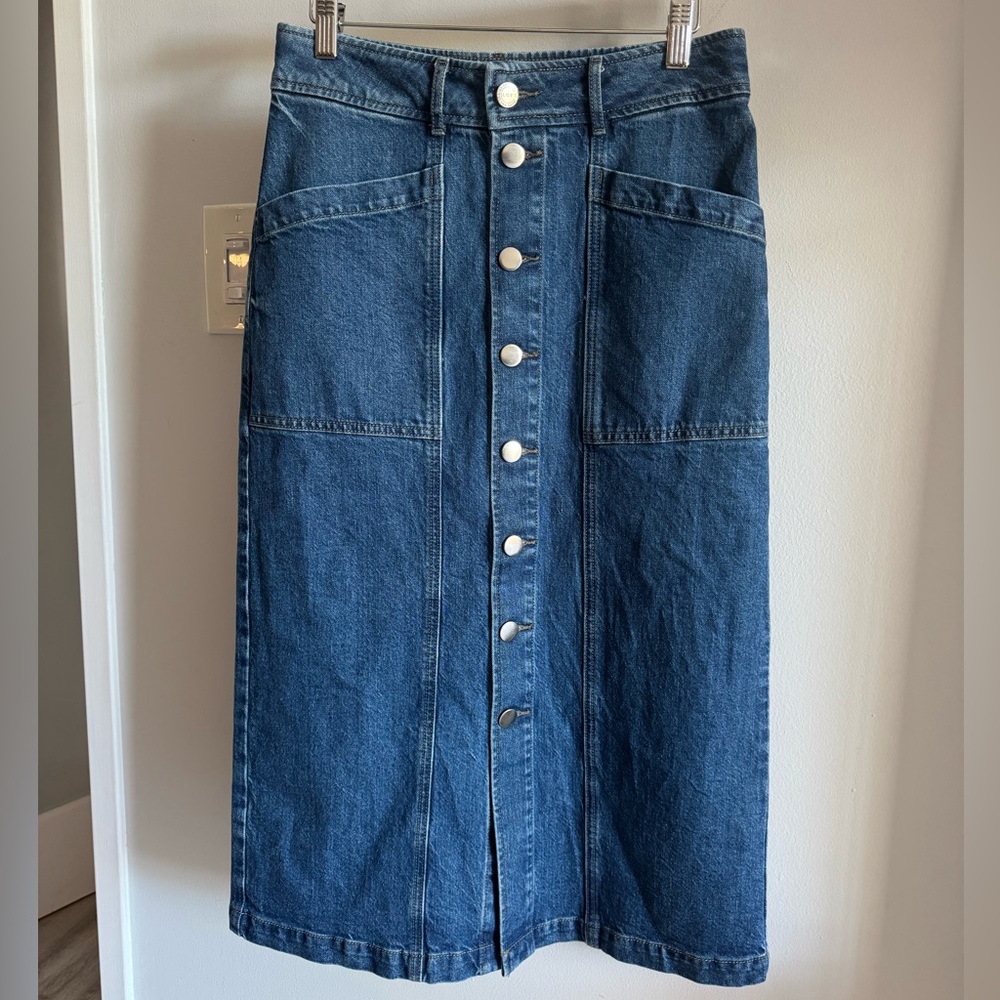 LOFT Medium Blue Wash Denim Long Midi Maxi Button Down Jean Skirt w Pockets sz 2